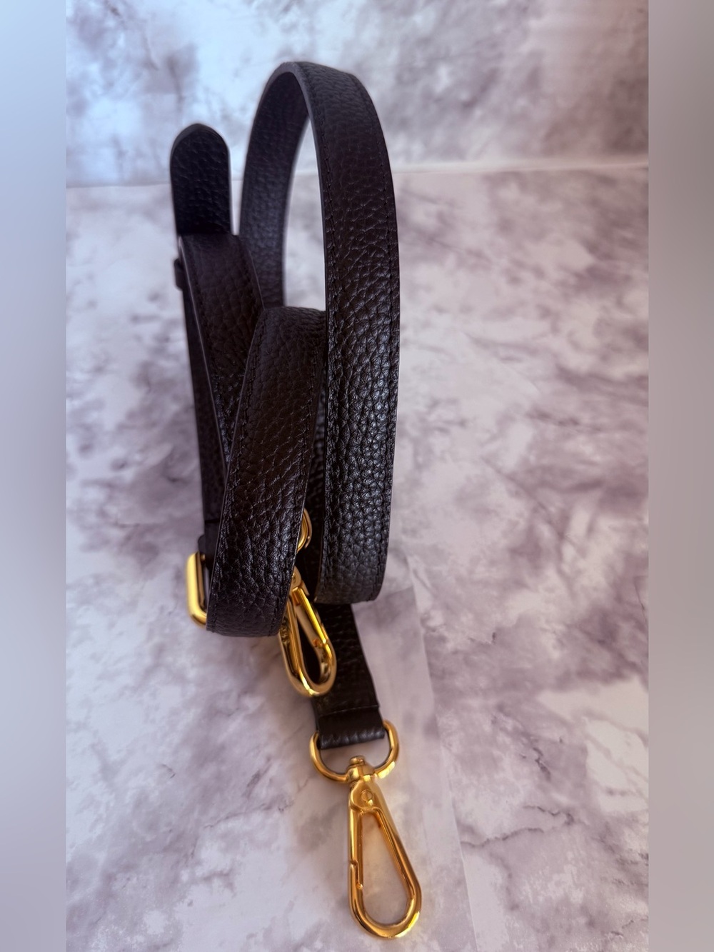 Black Pebbled Leather Crossbody Strap with Gold Hardware